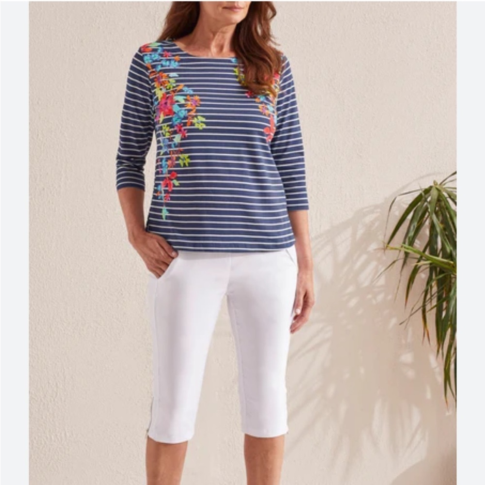 Tribal Sport Navy Floral Striped cotton long sleeve tee top boat neck size XL